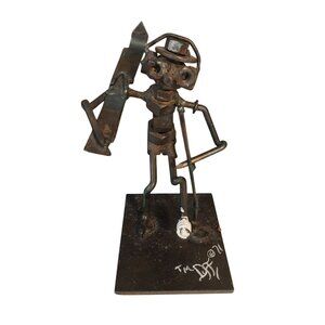 JOHN DUFFY Metal Art Sculpture SKIER Folk Art Brutalist Signed Rusty Chippy